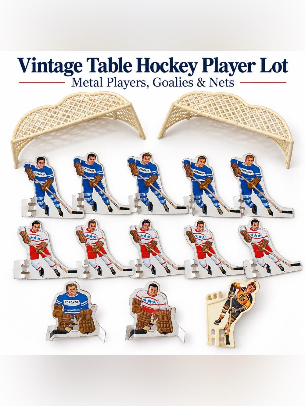 Vintage Table Hockey Player Lot Toronto Metal Figures Goals 1960s Munro Style